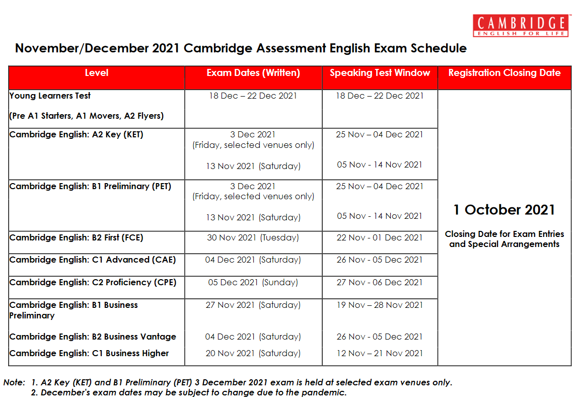 Exam Schedules Cambridge English For Life