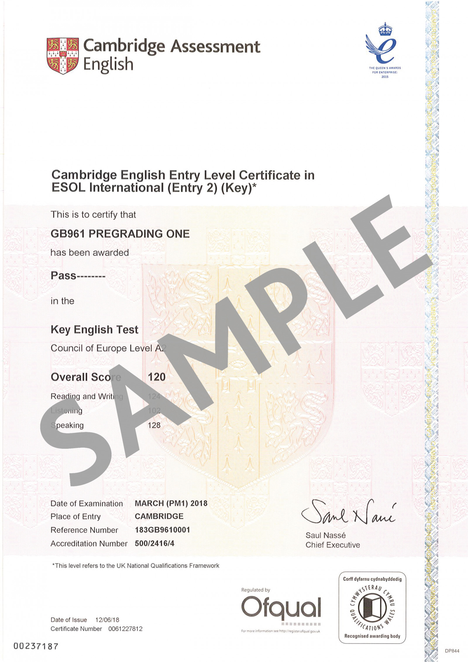 Cambridge Assessment English A2 Key Entry Level certificate