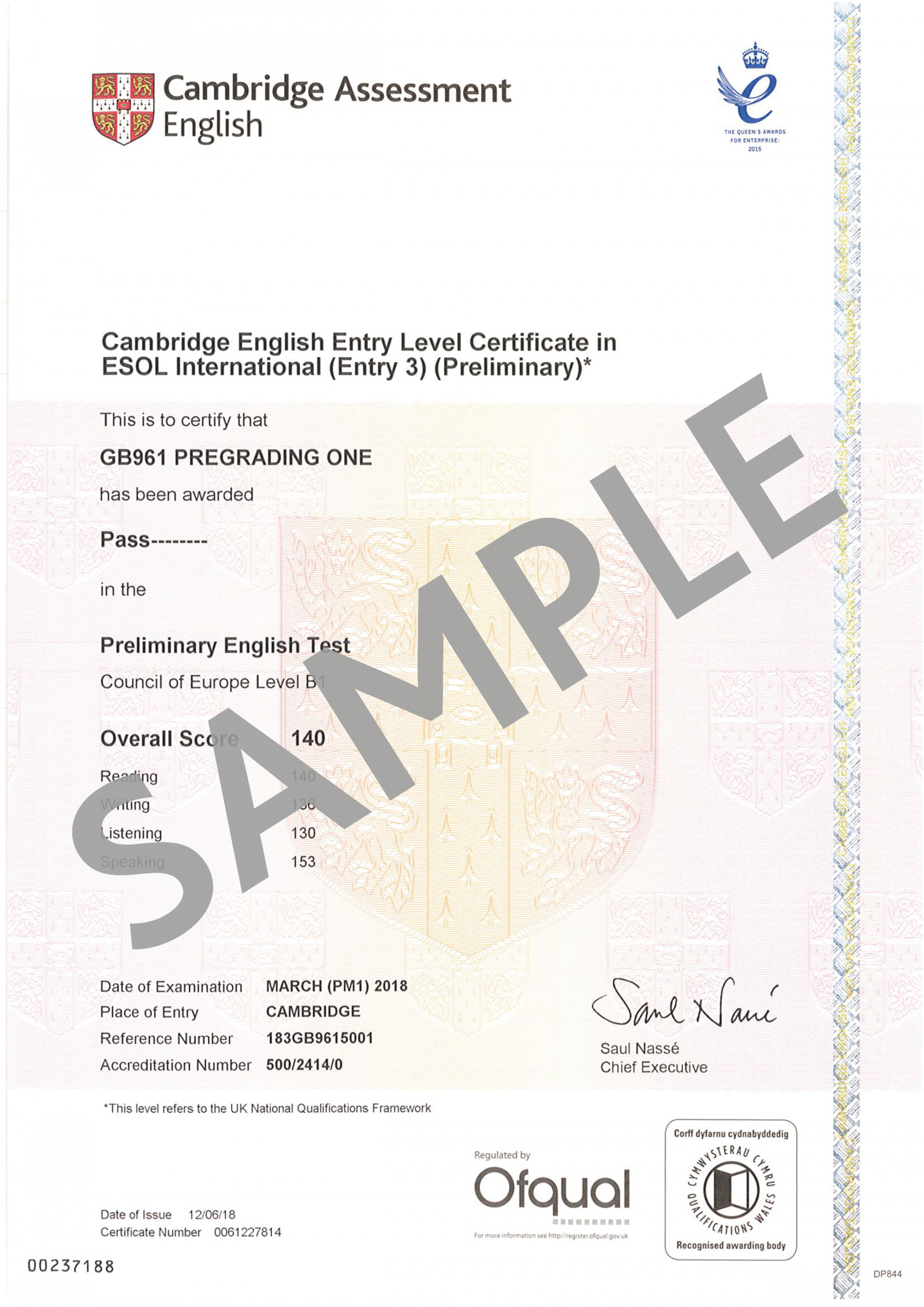 Cambridge Assessment English B1 Preliminary certificate